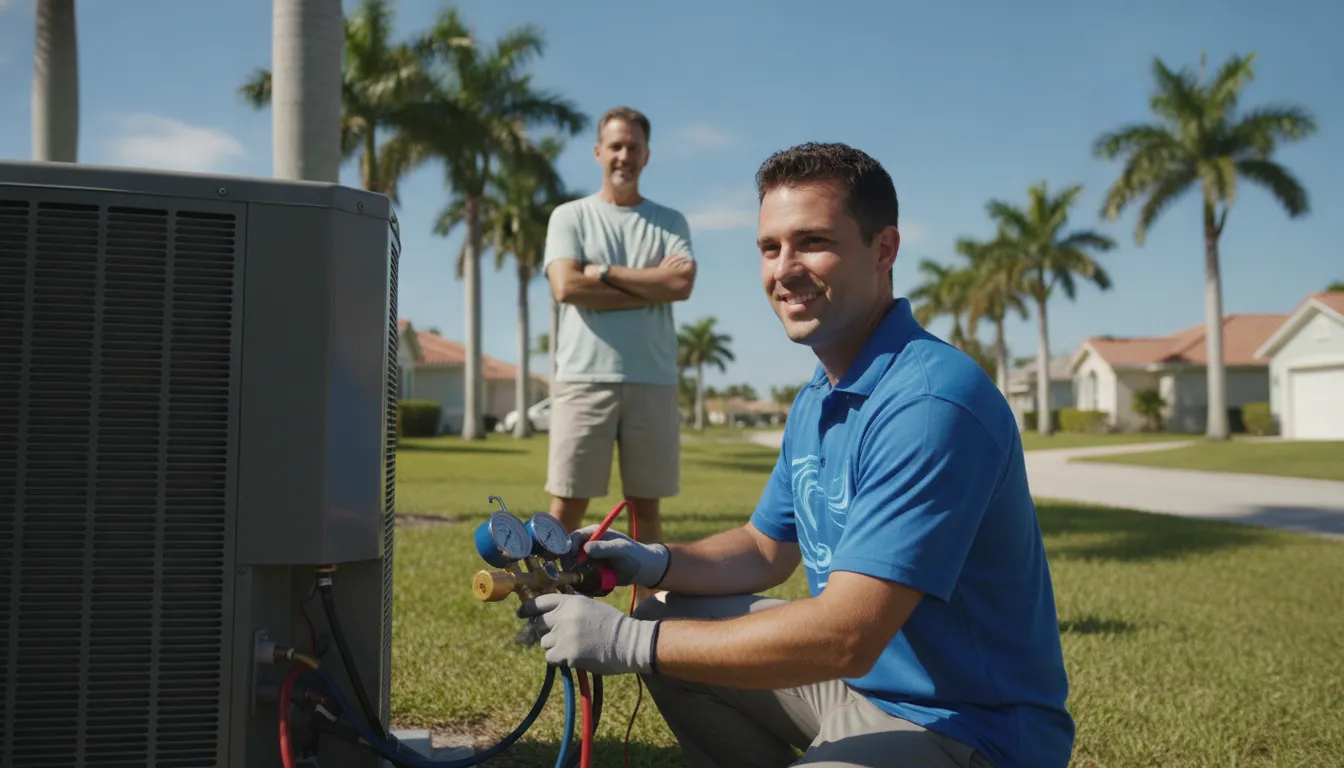 HVAC technician inspecting a home air conditioning condenser unit in a sunny Florida neighborhood with palm trees