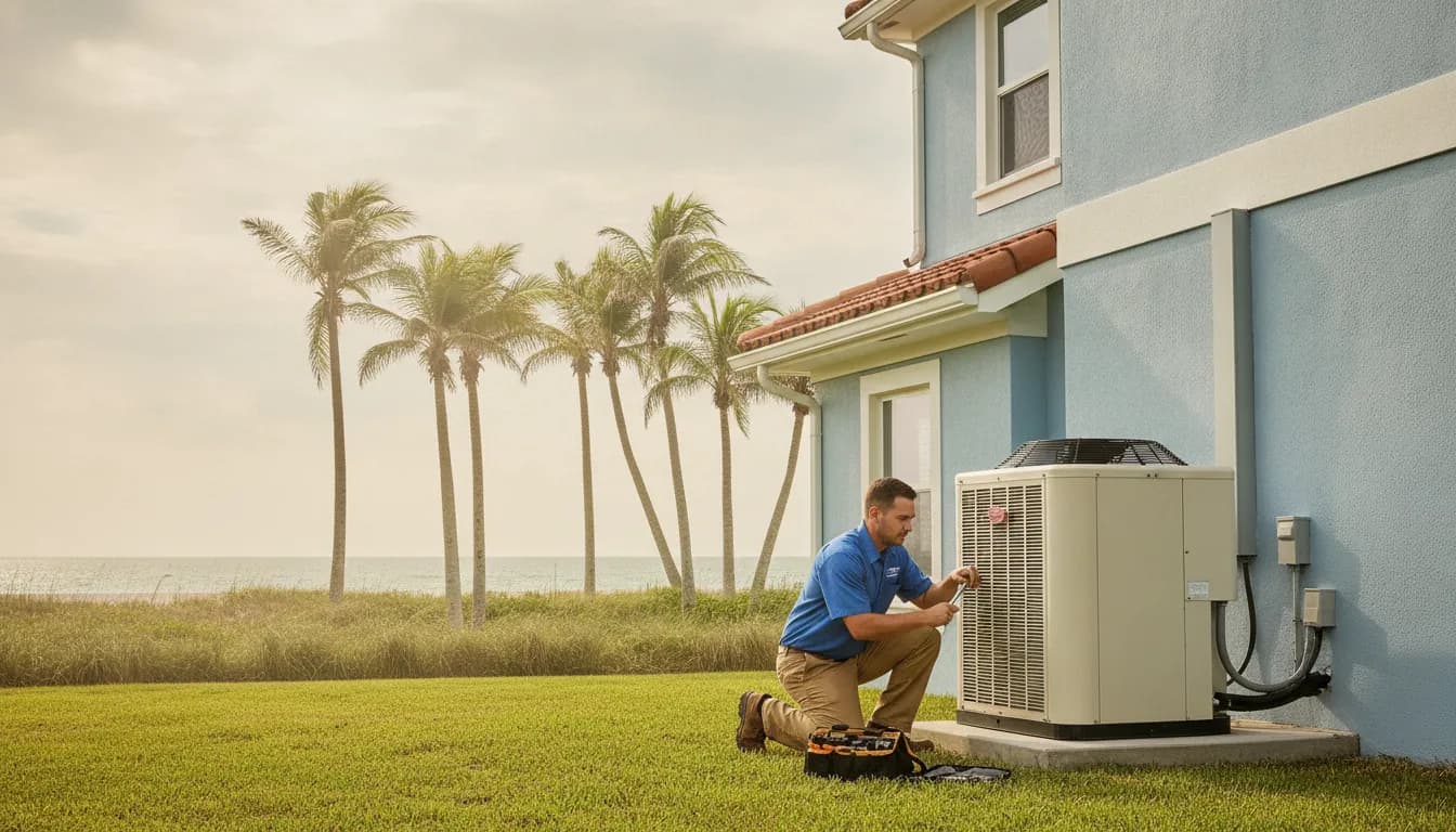 HVAC technician inspecting a residential air conditioner in Cape Canaveral, Florida