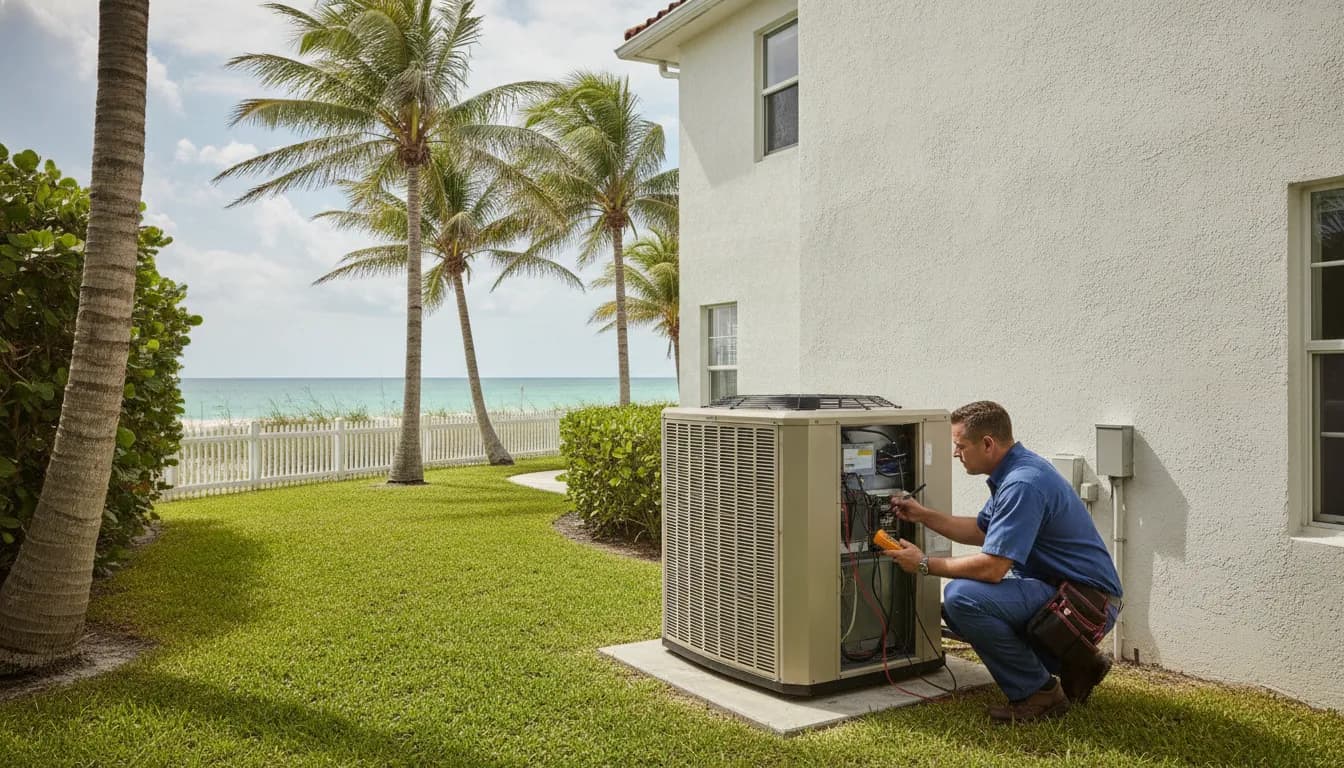 Technician inspecting an outdoor AC unit at a Cocoa Beach home