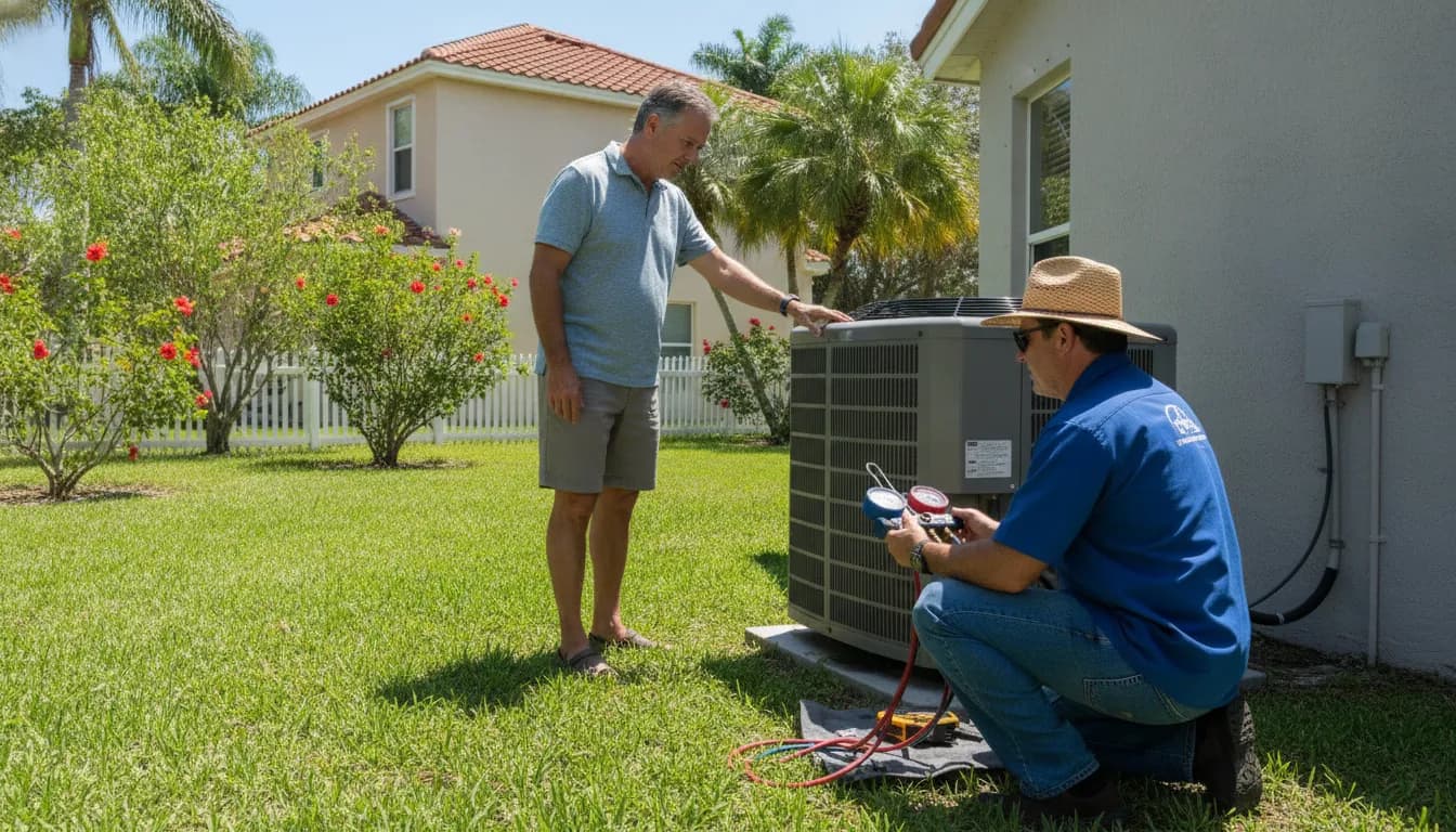 HVAC technician inspecting an outdoor air conditioner condenser unit in a sunny Florida backyard