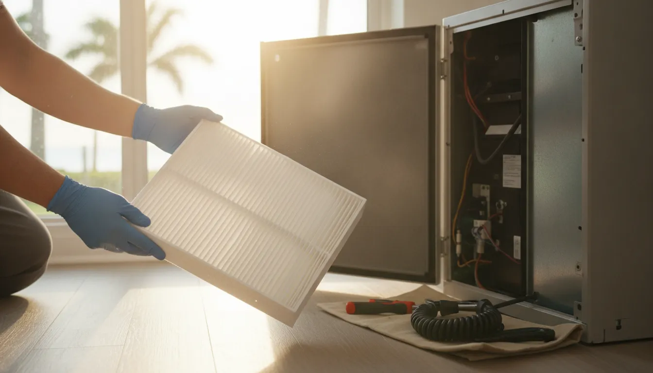 Technician replacing a clean pleated AC air filter in a Florida home air handler