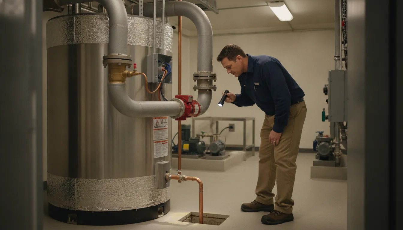 A technician inspects a large commercial storage water heater and circulating pump in a mechanical room