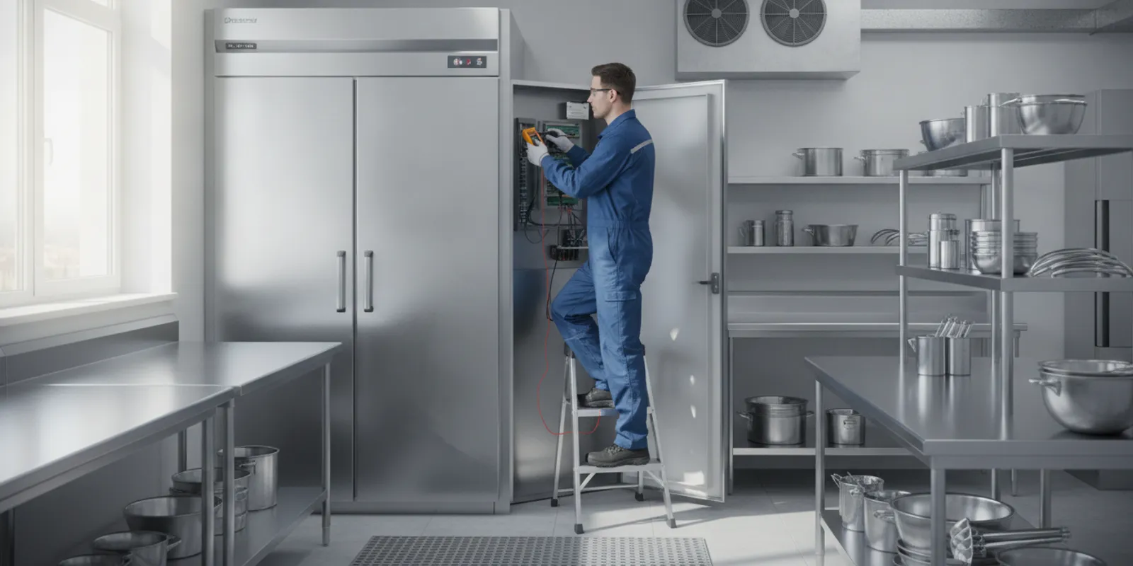 Commercial kitchen refrigeration equipment being inspected by a technician