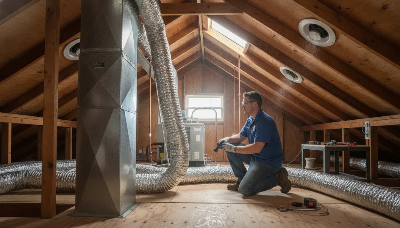 HVAC technician inspecting ductwork in a Florida home attic