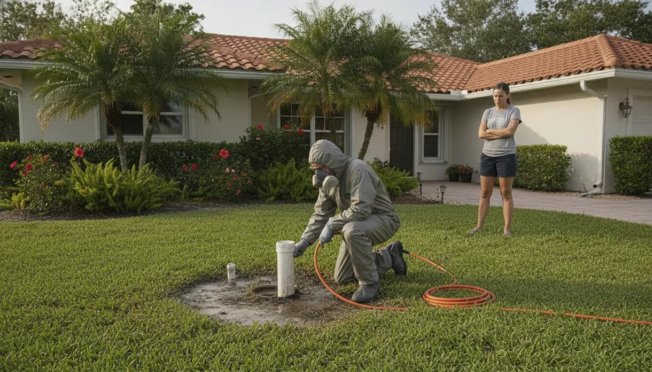Plumber inspecting a residential sewer cleanout in Florida