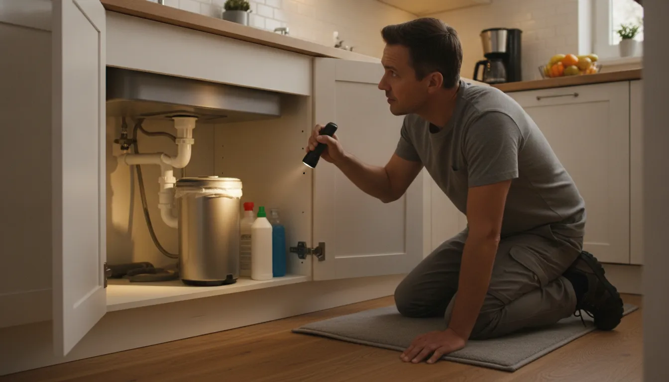 Homeowner inspecting a garbage disposal unit under the kitchen sink