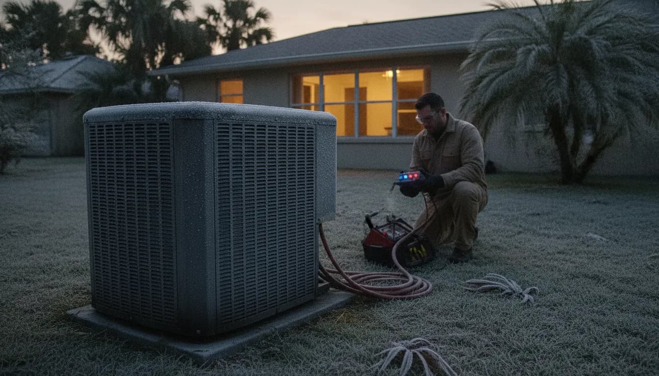 Outdoor heat pump unit with light frost on a cold Florida winter morning
