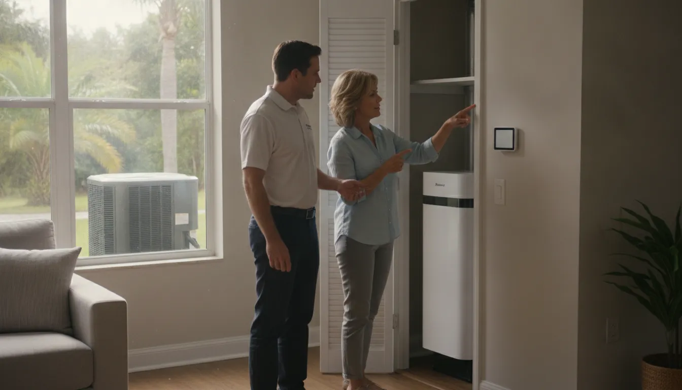 Space Coast Cooling HVAC technician helping a Florida homeowner compare a heat pump and central air conditioner