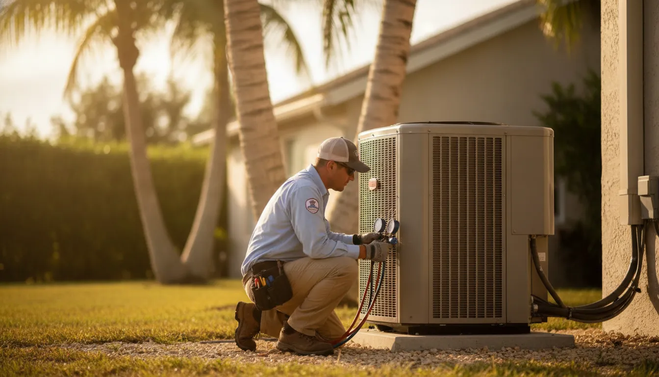 Florida technician inspecting an outdoor air conditioning condenser unit