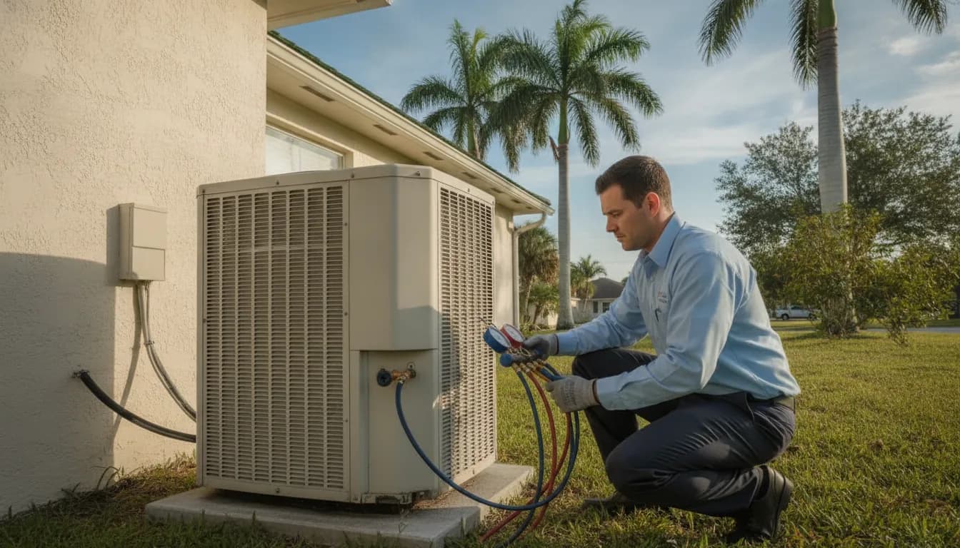 HVAC technician inspecting an outdoor condenser unit at a Brevard County home