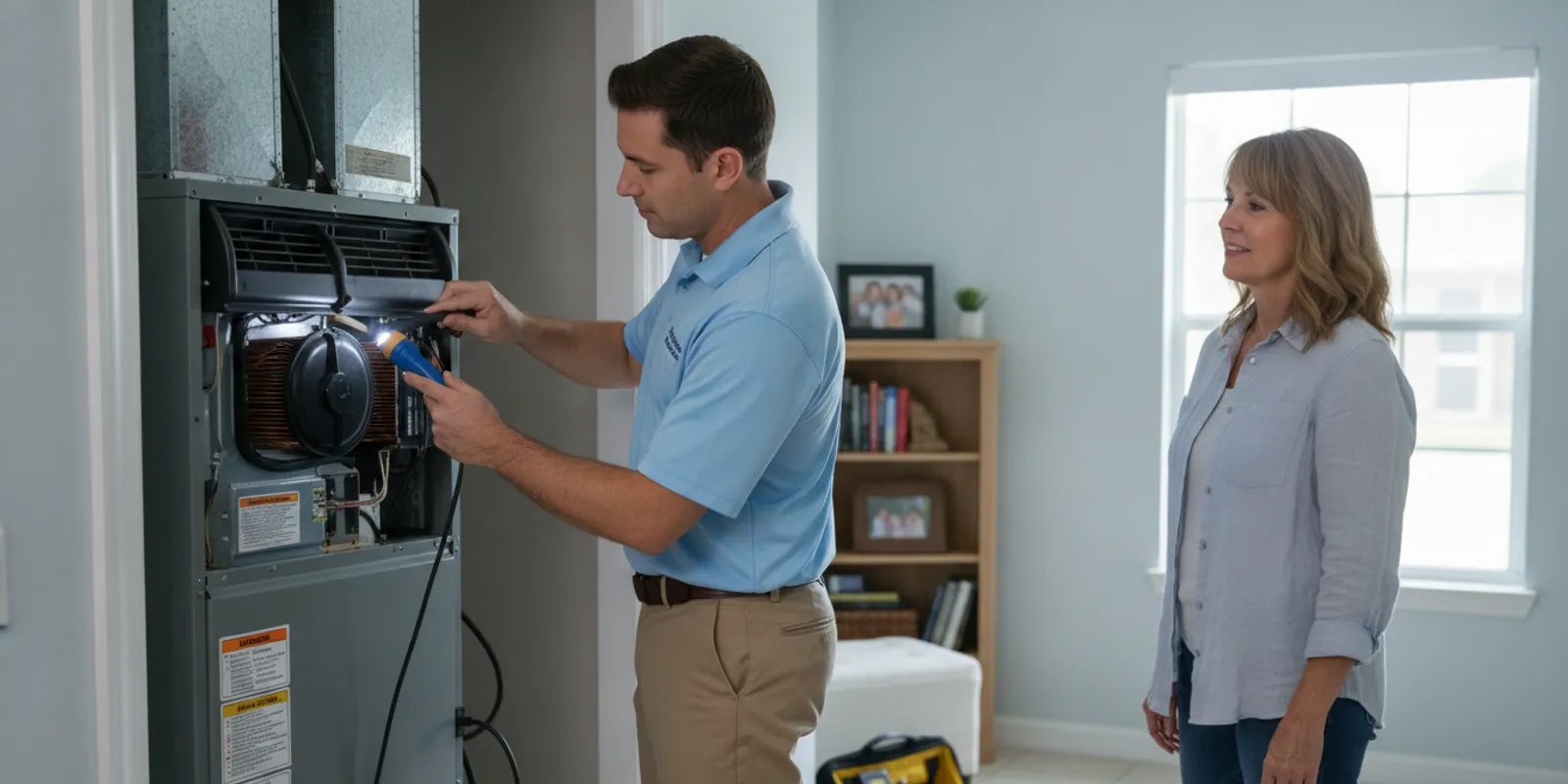HVAC technician inspecting an indoor air conditioning unit in a Palm Bay home