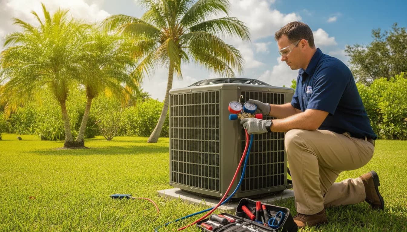 HVAC technician performing a seasonal tune-up on a home air conditioning unit in Florida
