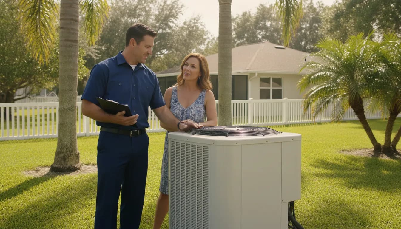 HVAC technician showing a new air conditioning condenser to a homeowner in a sunny Florida backyard