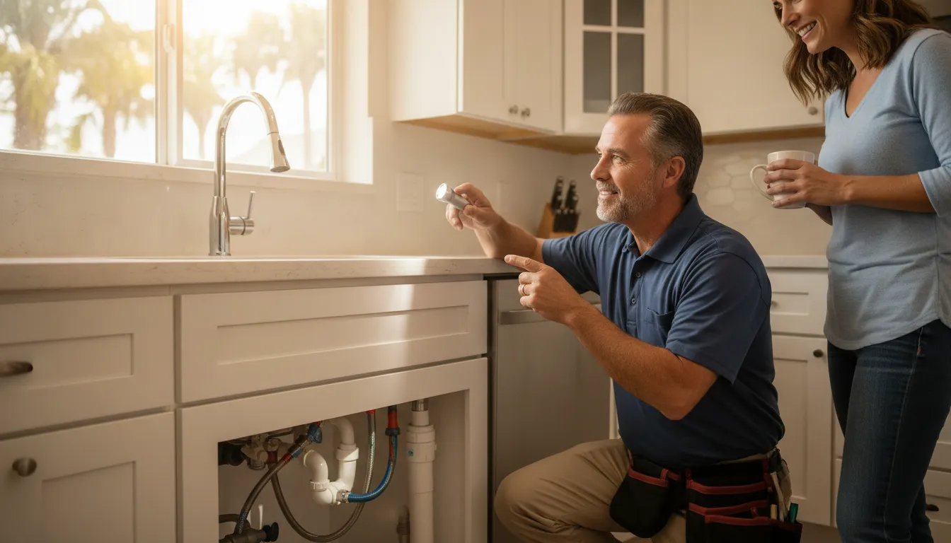 Residential plumber inspecting kitchen plumbing in a Palm Bay home