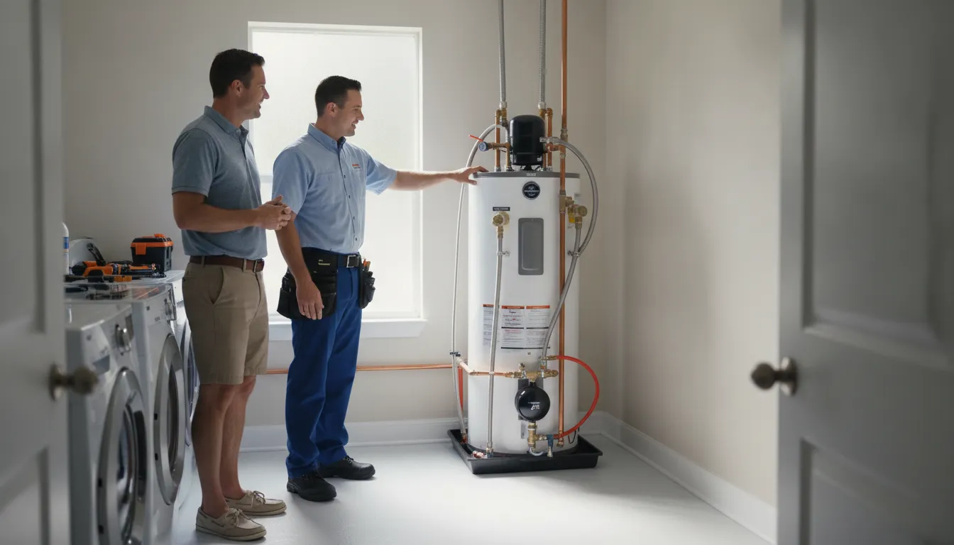 Plumber reviewing water heater installation and permit steps with a Florida homeowner