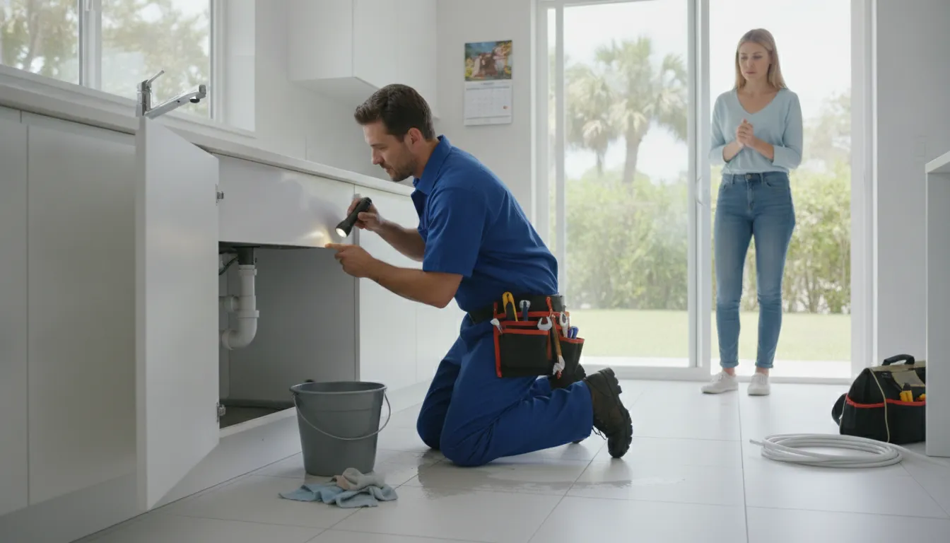 Plumber inspecting a contained kitchen leak in a Florida home