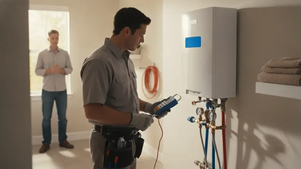 Plumber inspecting a residential tankless water heater during a repair visit
