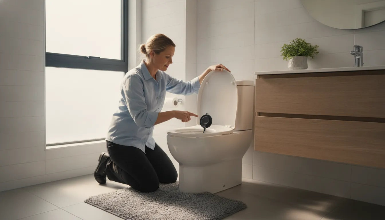 Homeowner inspecting the toilet flapper inside the tank