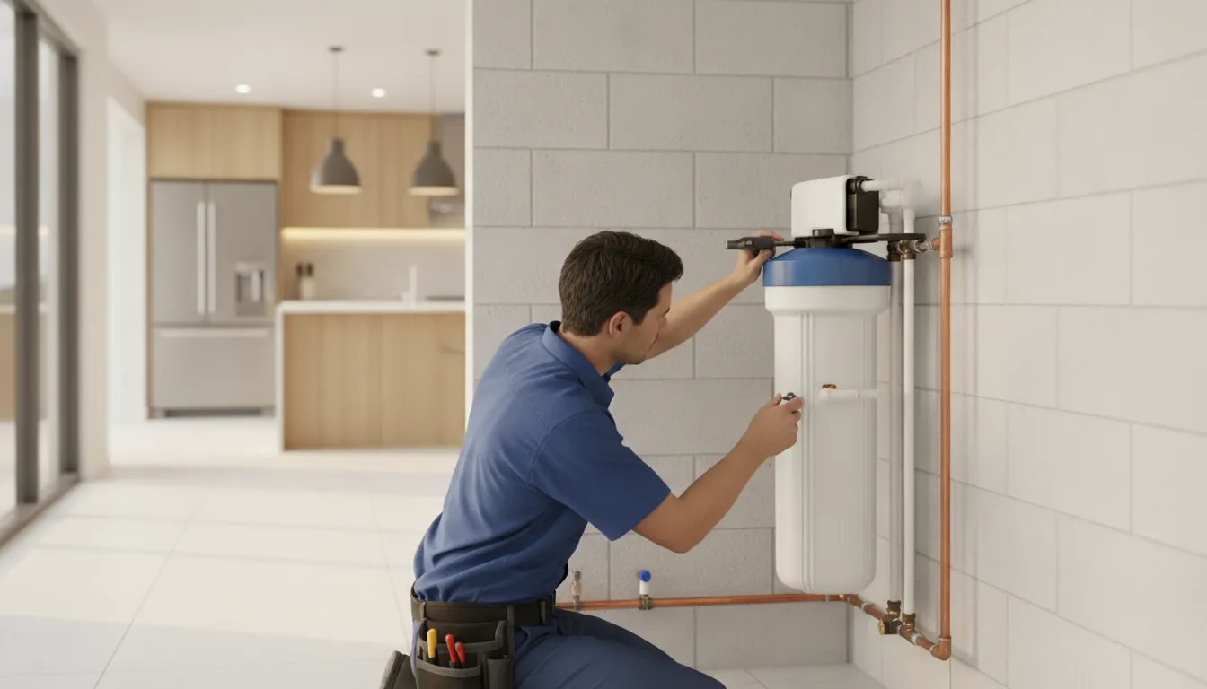 Technician installing a whole-house water filtration system in a Florida home