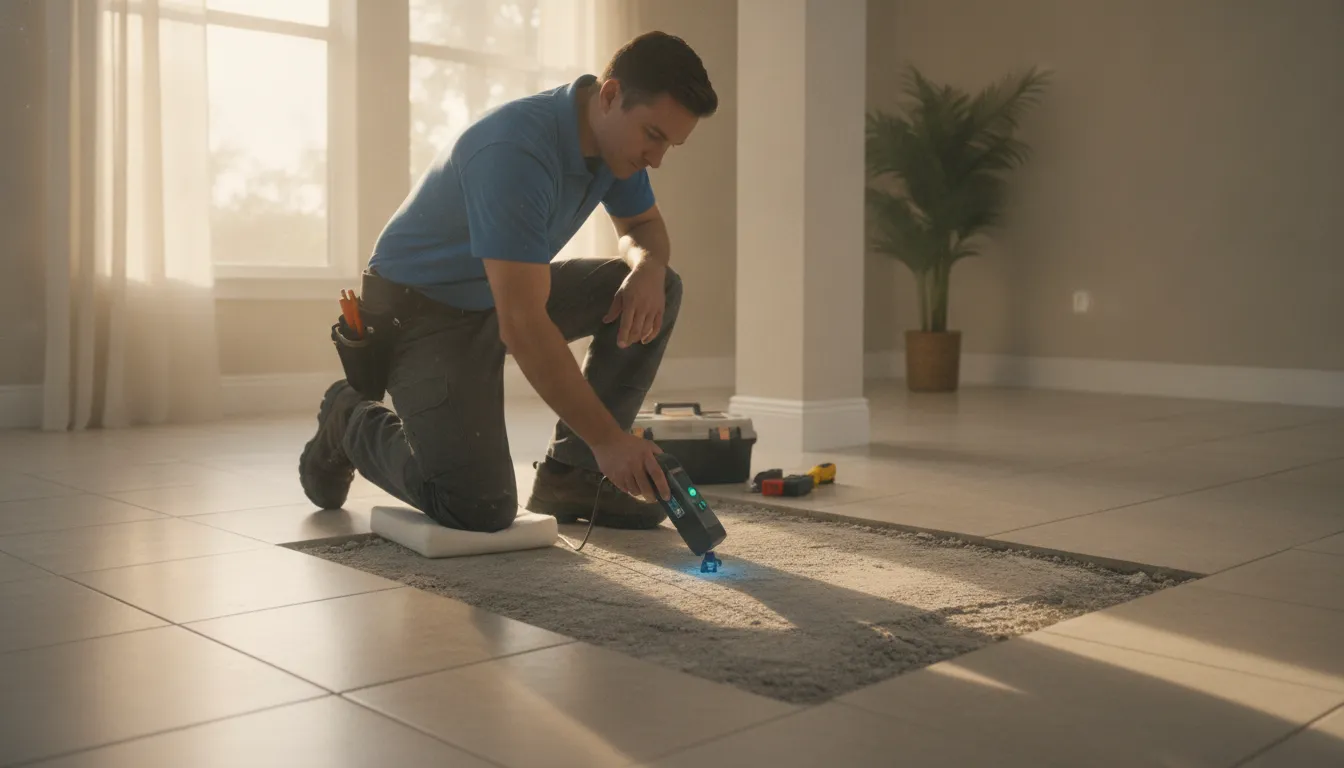 Plumber using an electronic leak detector on a concrete slab floor in a Florida home
