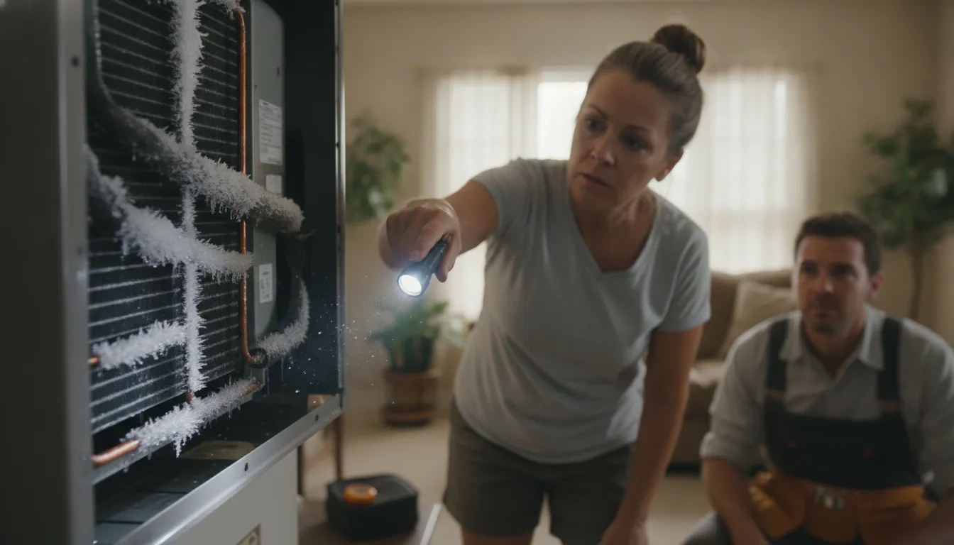 Ice and frost forming on the copper line and evaporator coil of an indoor air conditioning unit