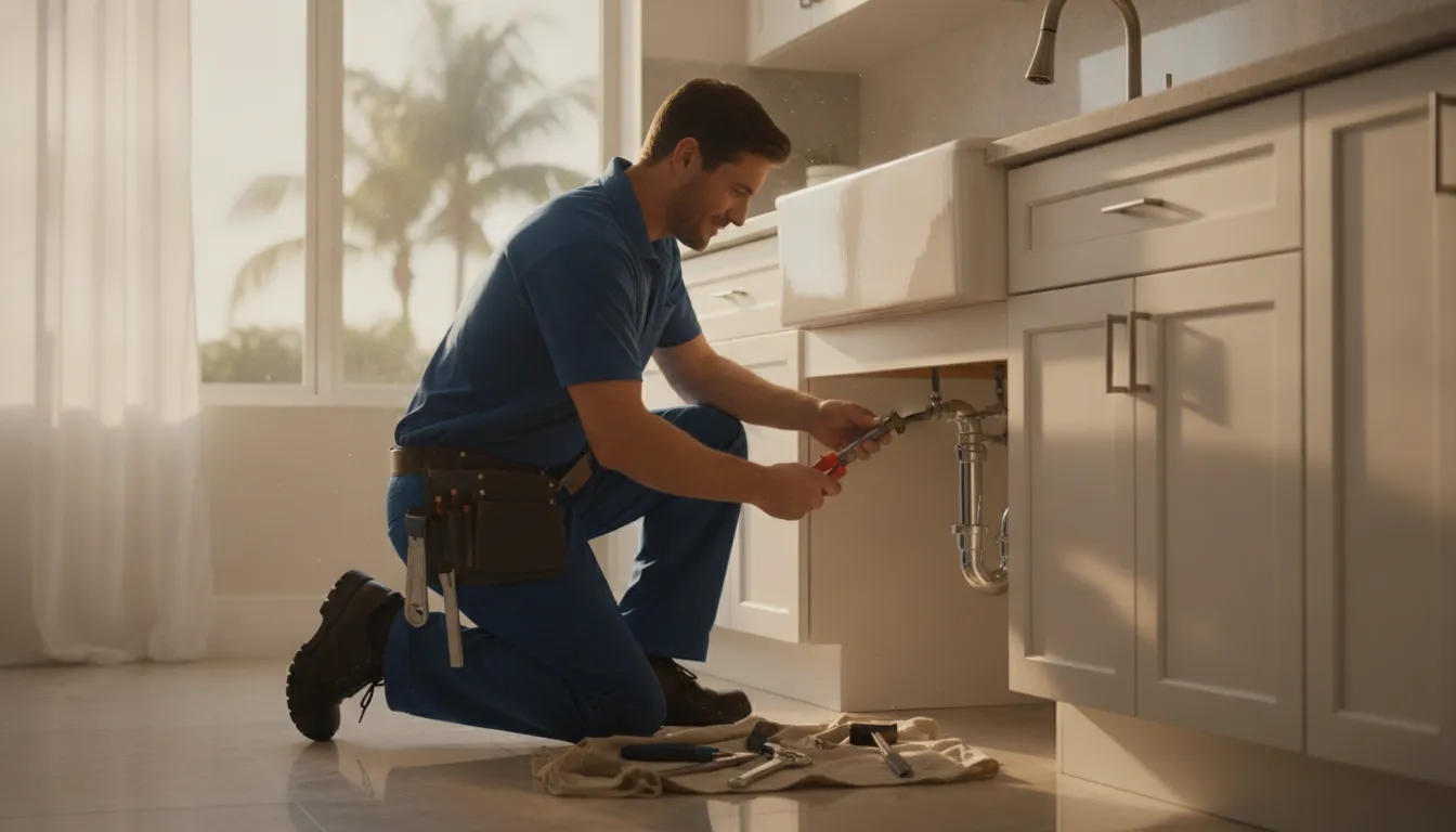 Professional plumber repairing kitchen sink pipes in a Florida home